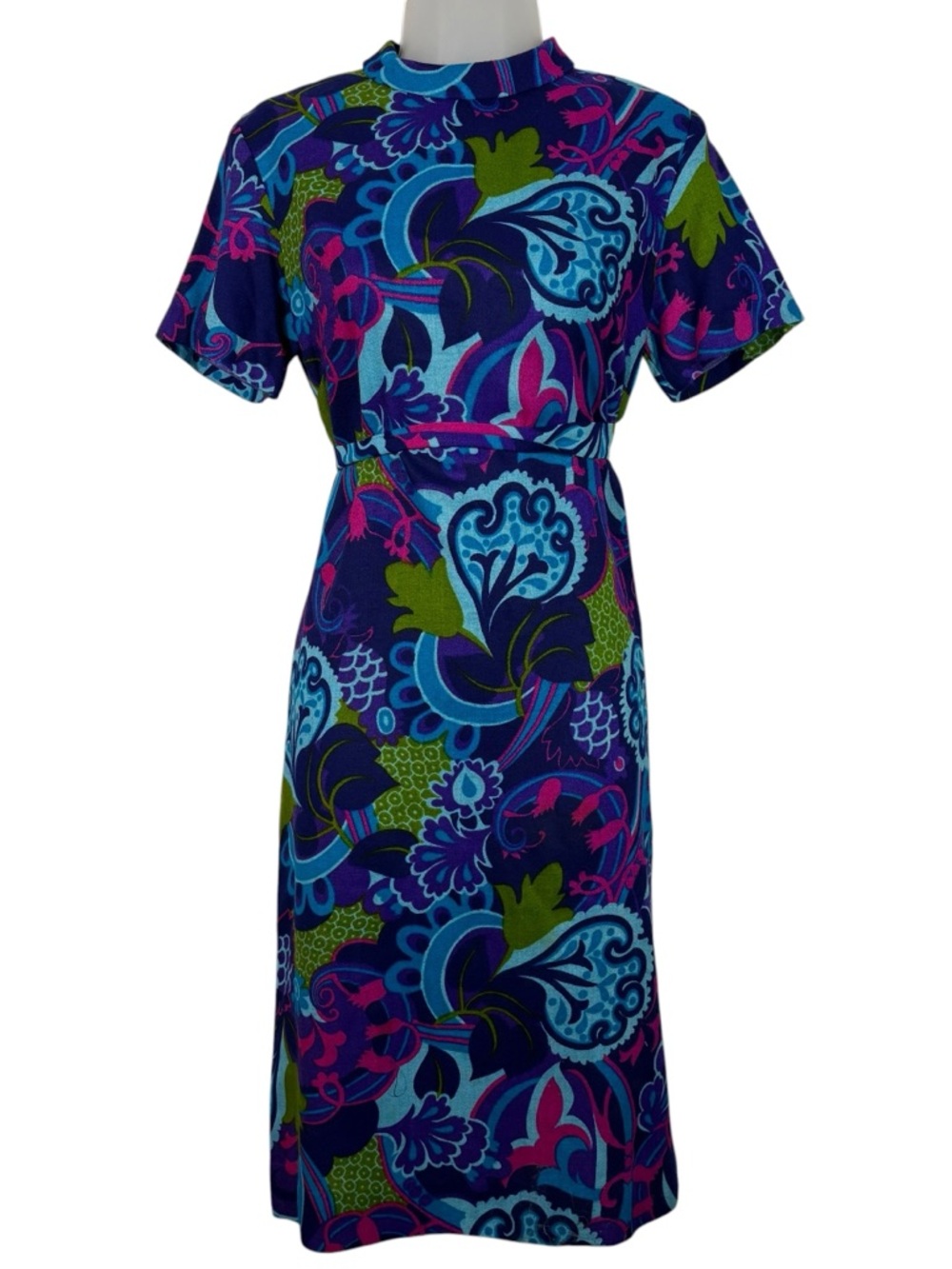 Vintage 1970's Roberta Lee Swirl Colorful Paisley Pattern Belted Dress Groovy